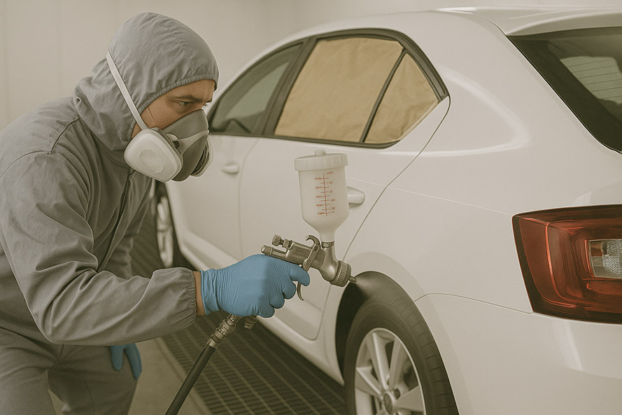 Technician applying fresh automotive paint inside a clean spray booth.